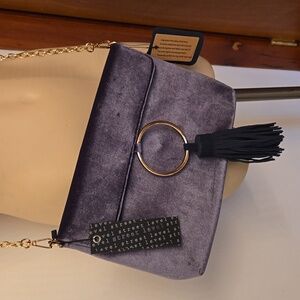 Anthropologie Street Level Grey Suede Purse with Gold Chain Strap - NWT